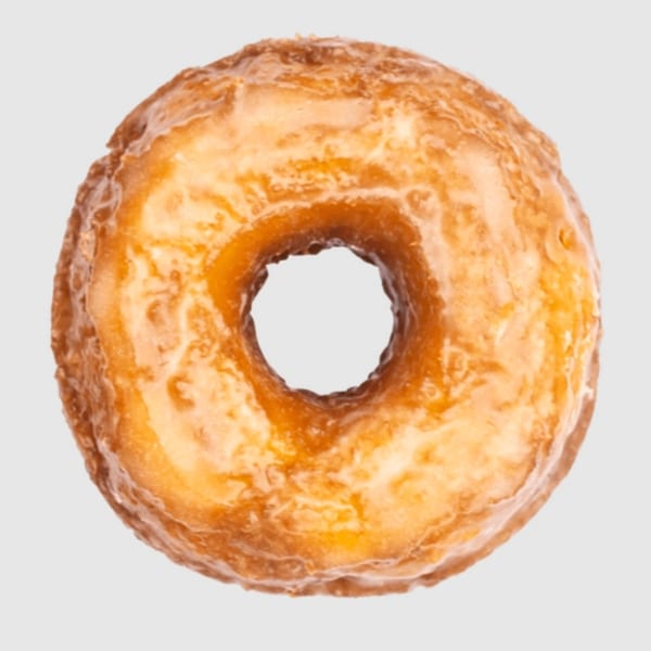 A single glazed donut from Dat Donut, golden brown and glistening, against a white background.