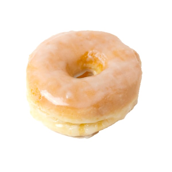 A single glazed donut from Dat Donut, glistening with sweet icing on a white background.