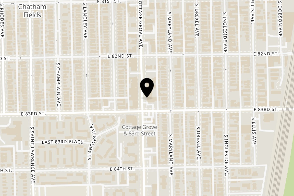 Map showing the location of Dat Donut South on 8251 S Cottage Grove Ave in Chicago