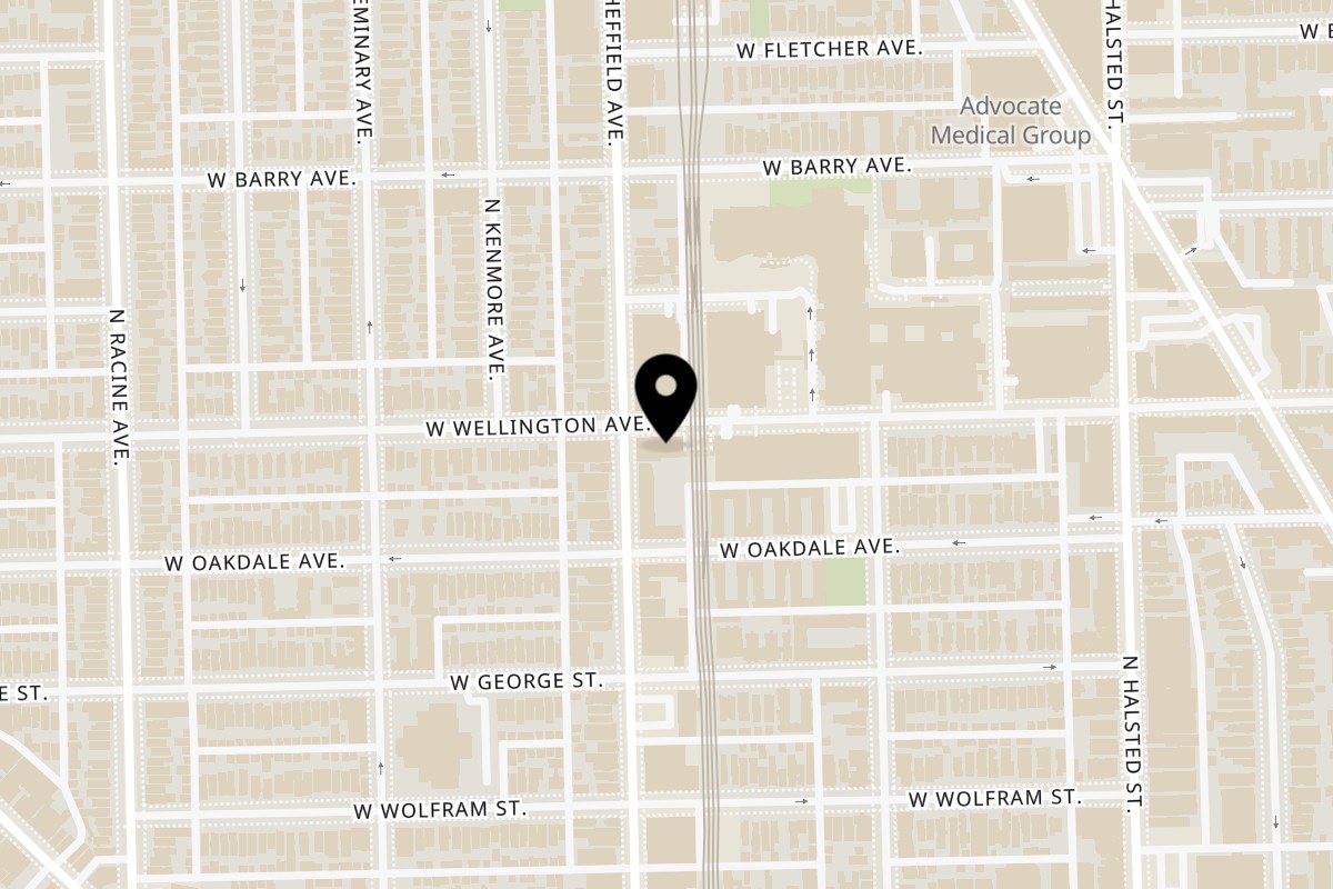 Map showing the location of Dat Donut North on 947 W Wellington Ave in Chicago